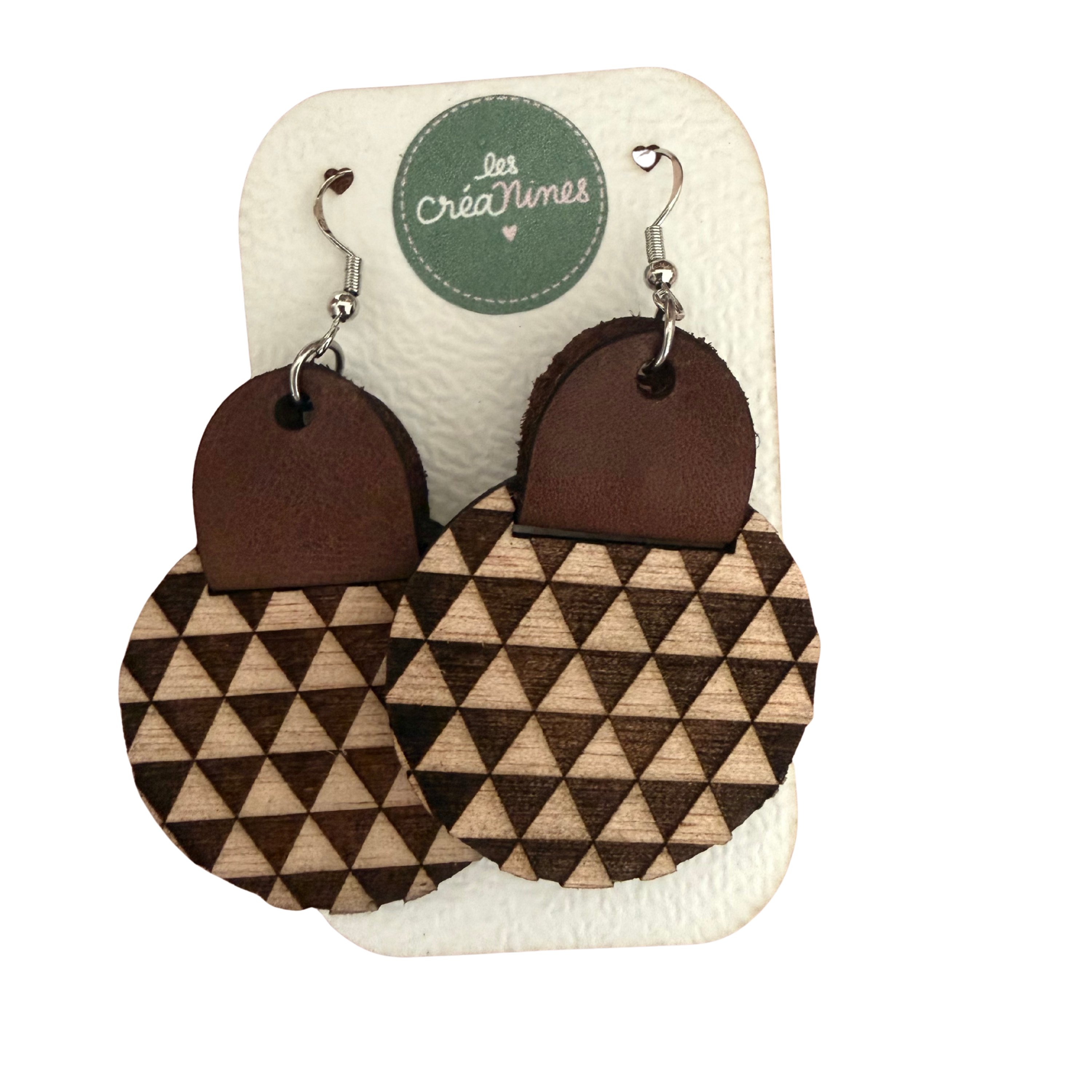 Boucles d'oreilles artisanales en bois gravé & cuir – Collection Géométrique & Graphique