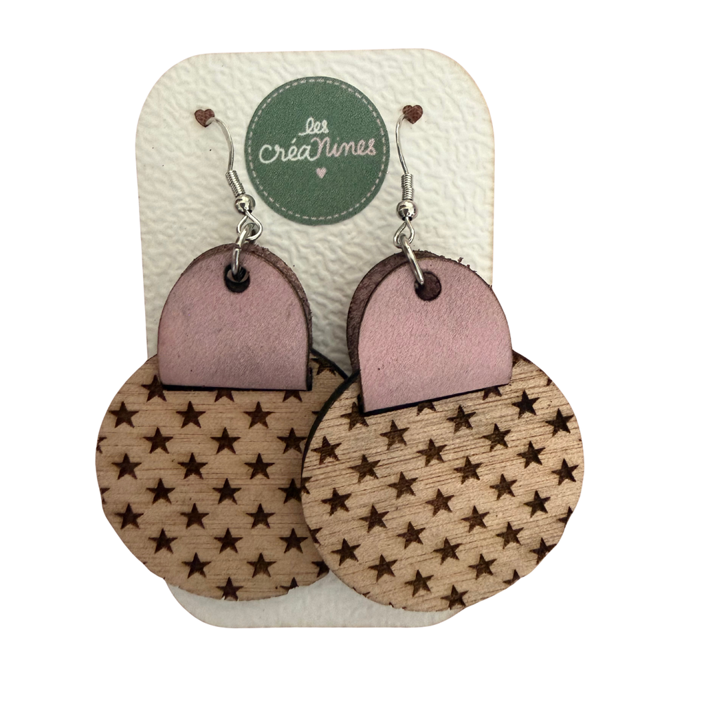 Boucles d'oreilles artisanales en bois gravé & cuir – Collection Géométrique & Graphique