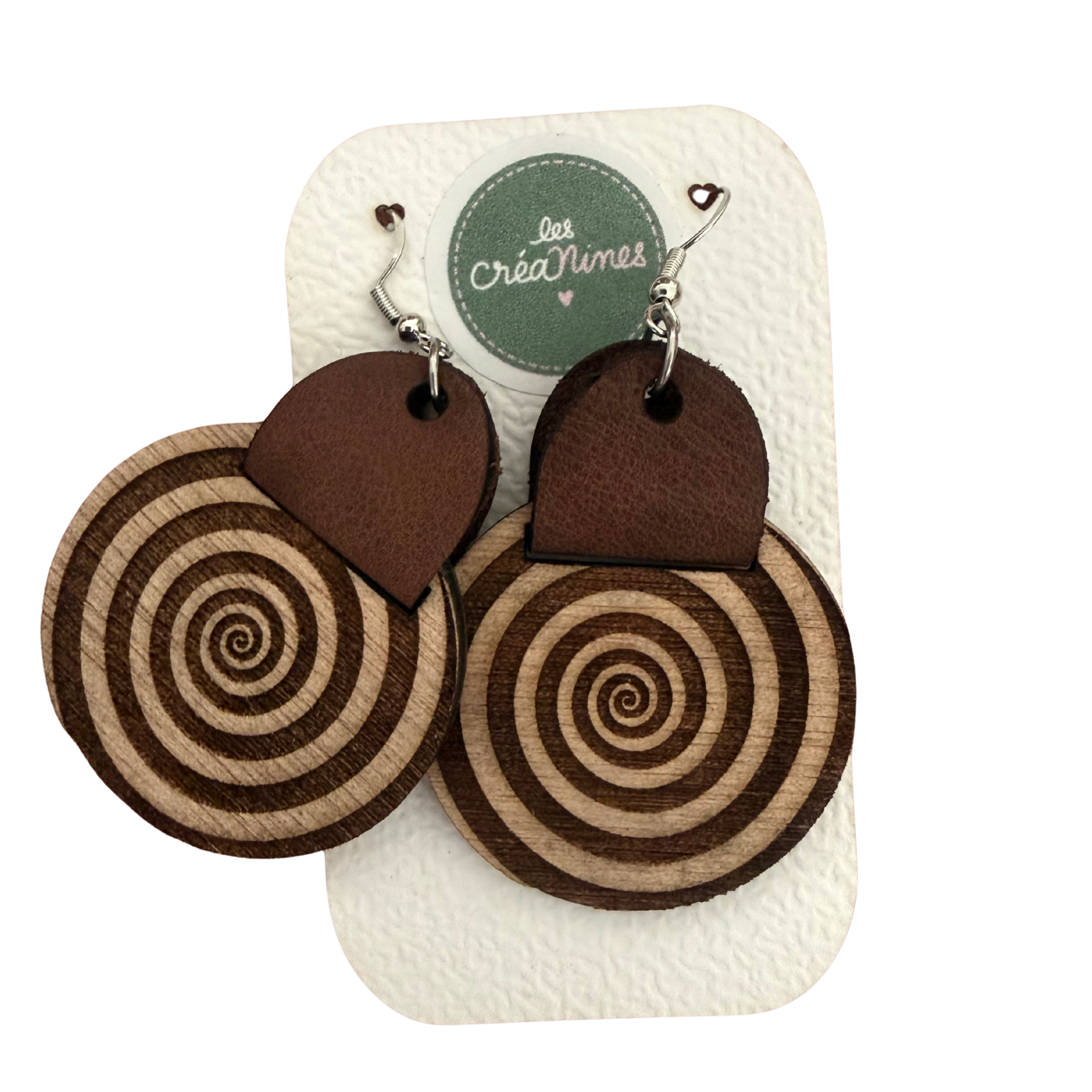 Boucles d'oreilles artisanales en bois gravé & cuir – Collection Géométrique & Graphique