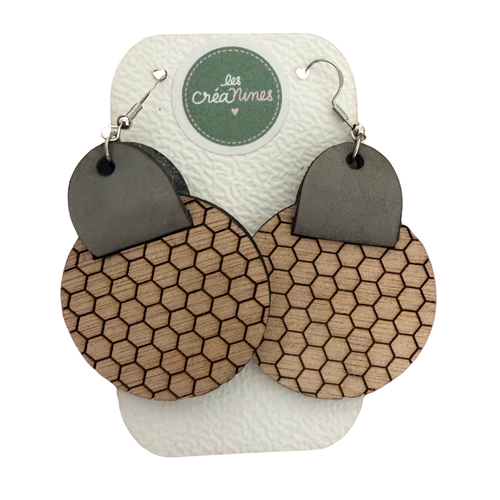 Boucles d'oreilles artisanales en bois gravé & cuir – Collection Géométrique & Graphique