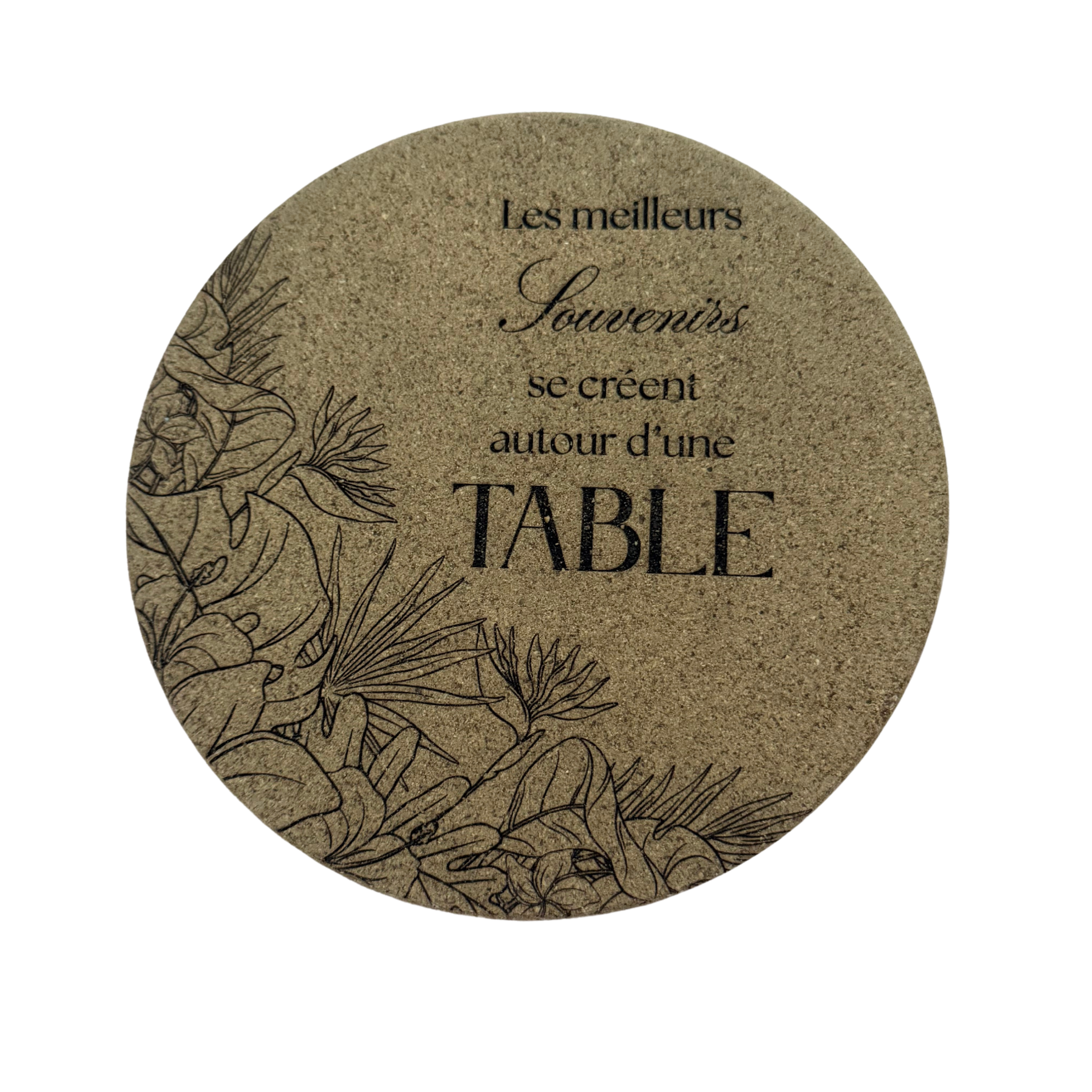 Dessous de plat en liège gravé au laser – "Les meilleurs souvenirs se créent autour d'une table" | Décoration artisanale & tropicale